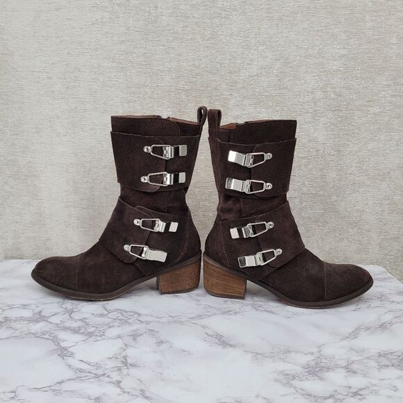 Donald J Pliner Dorria Brown Suede Silver Buckles Mid Calf Block Heel Boots - Picture 6 of 15